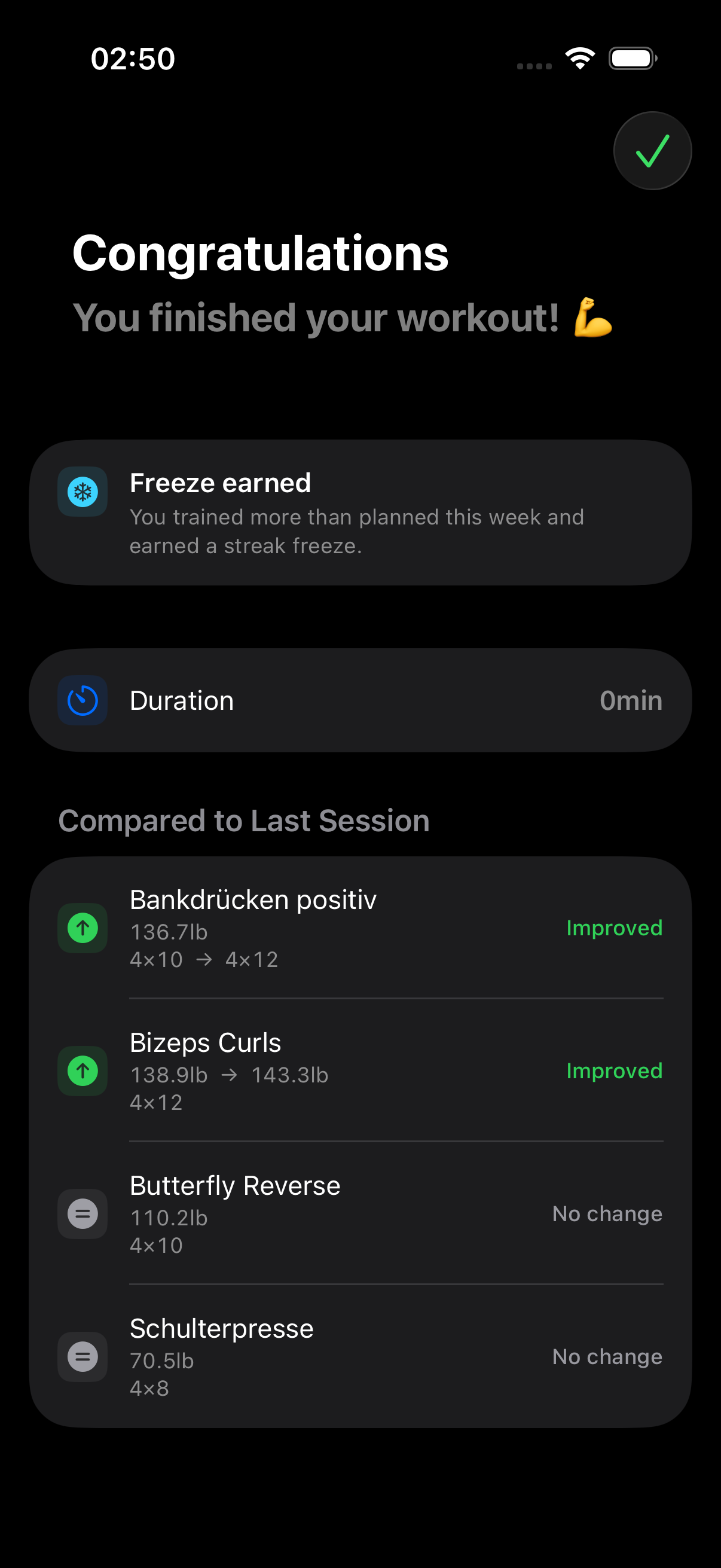 LiftList workout completion screen