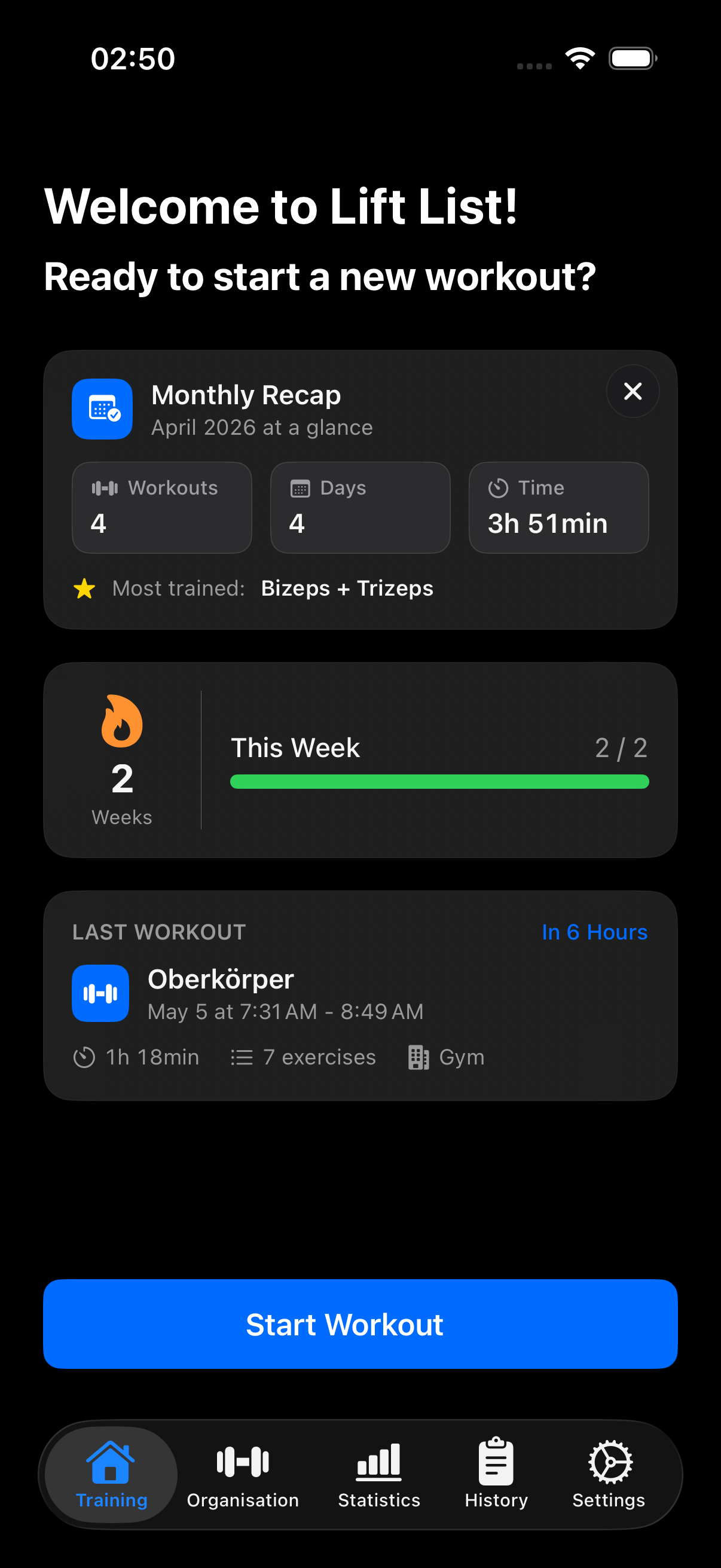 LiftList home screen